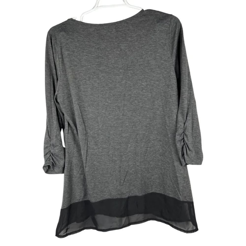 KIKIT tunic sheer hem gray and black 3/4 sleeve top layering casual business M
